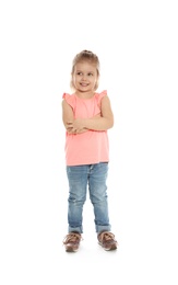 Full length portrait of cute little girl against white background