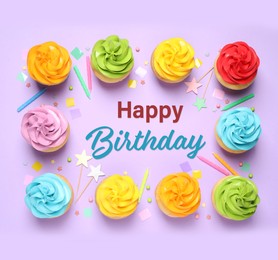 Image of Happy Birthday! Colorful cupcakes on lilac background, flat lay