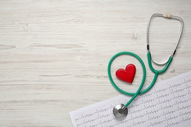 Photo of Stethoscope, red heart and cardiogram on white wooden table, flat lay with space for text. Cardiology concept