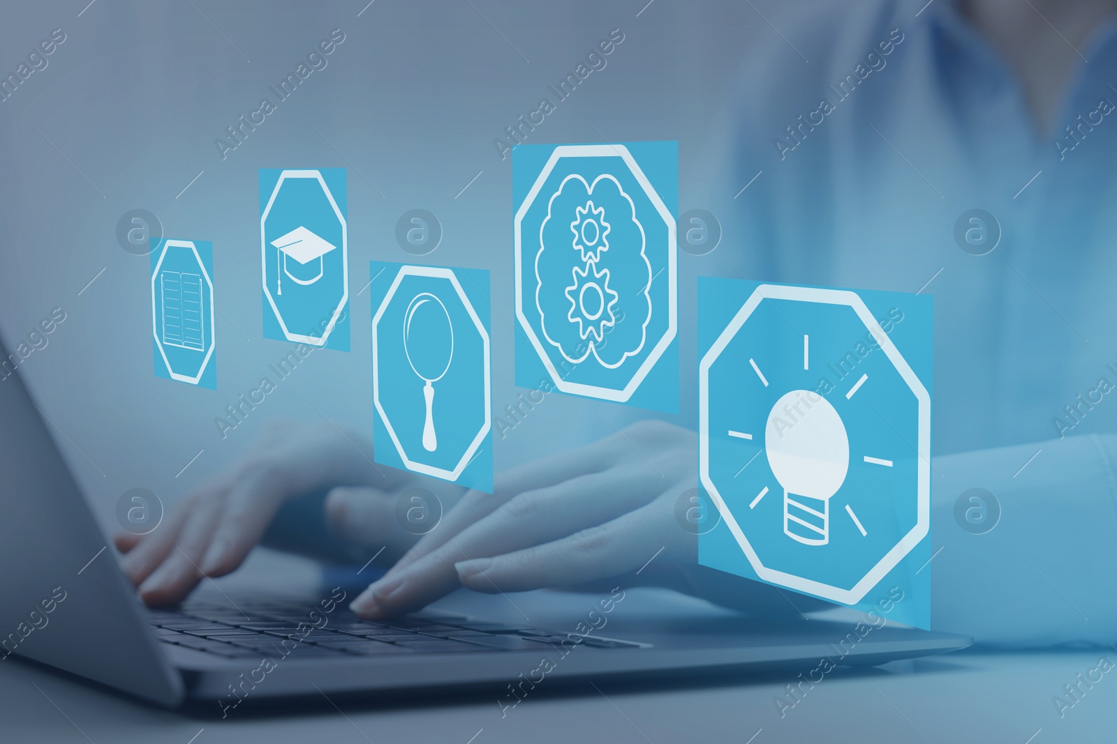 Image of E-learning. Woman working with laptop at table, closeup. Illustrations of different icons