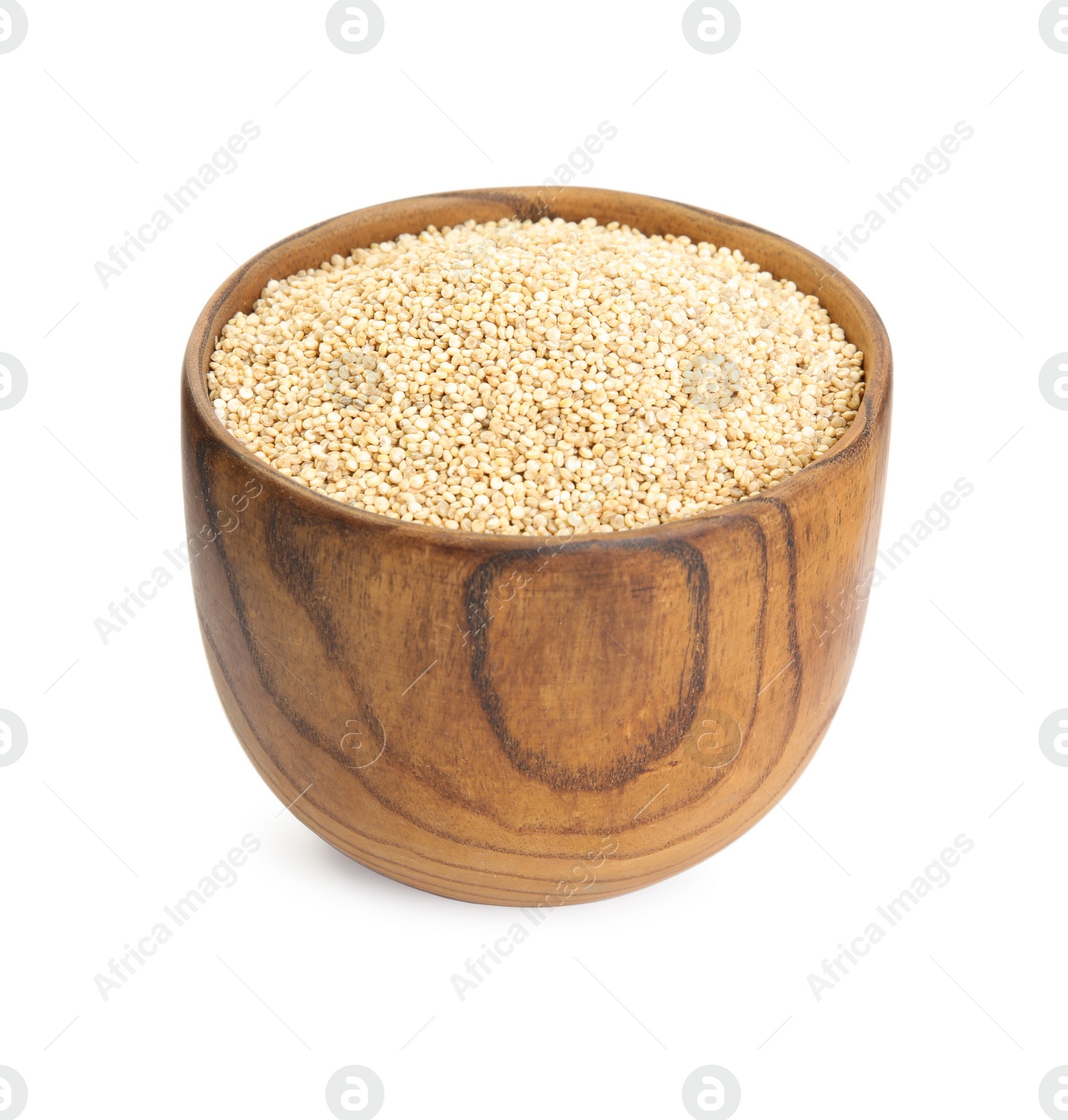 Photo of Wooden bowl with raw quinoa isolated on white