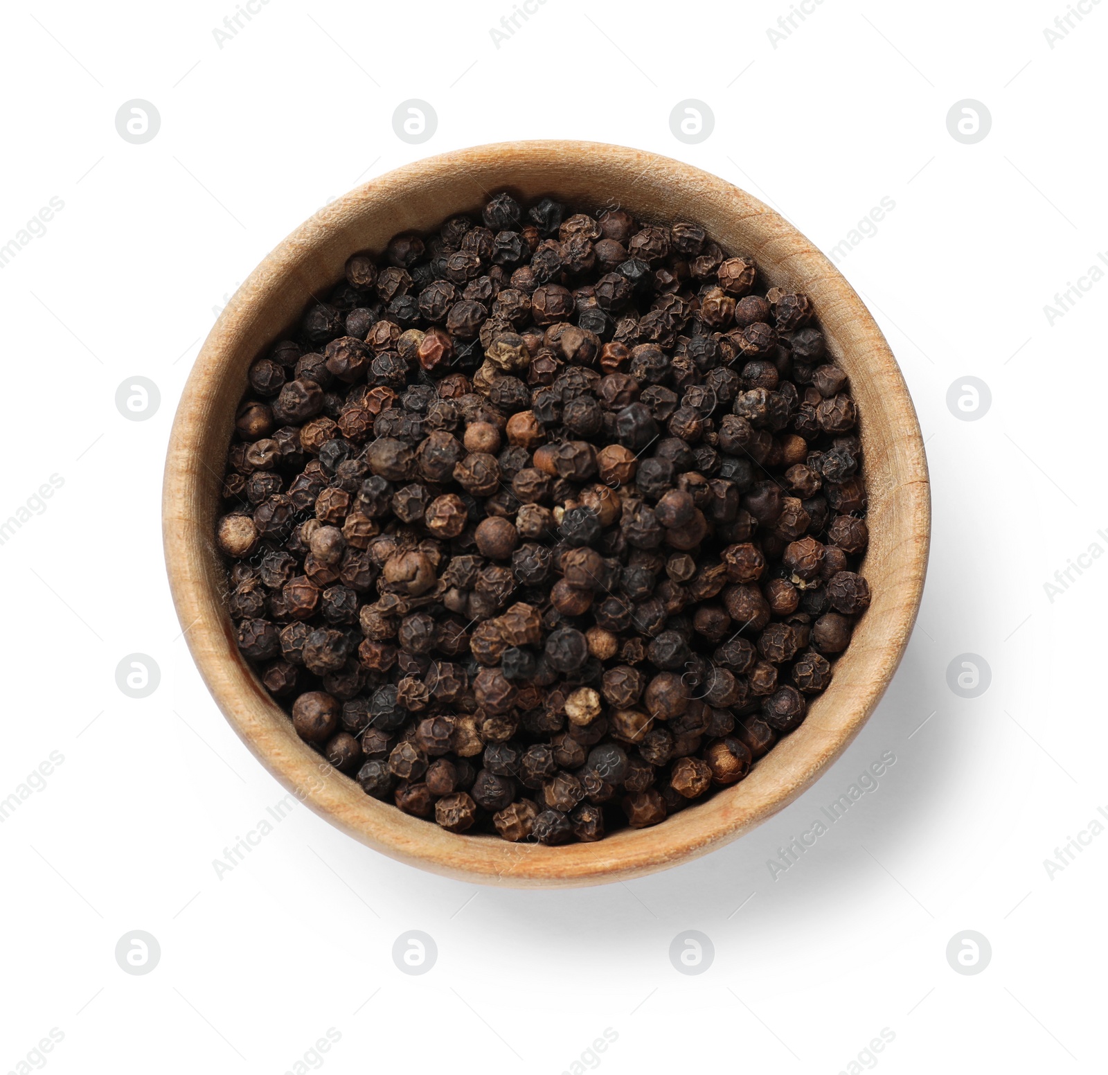 Photo of Aromatic spice. Many black peppercorns in bowl isolated on white, top view