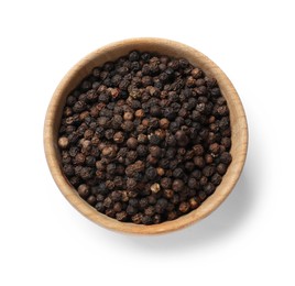 Photo of Aromatic spice. Many black peppercorns in bowl isolated on white, top view