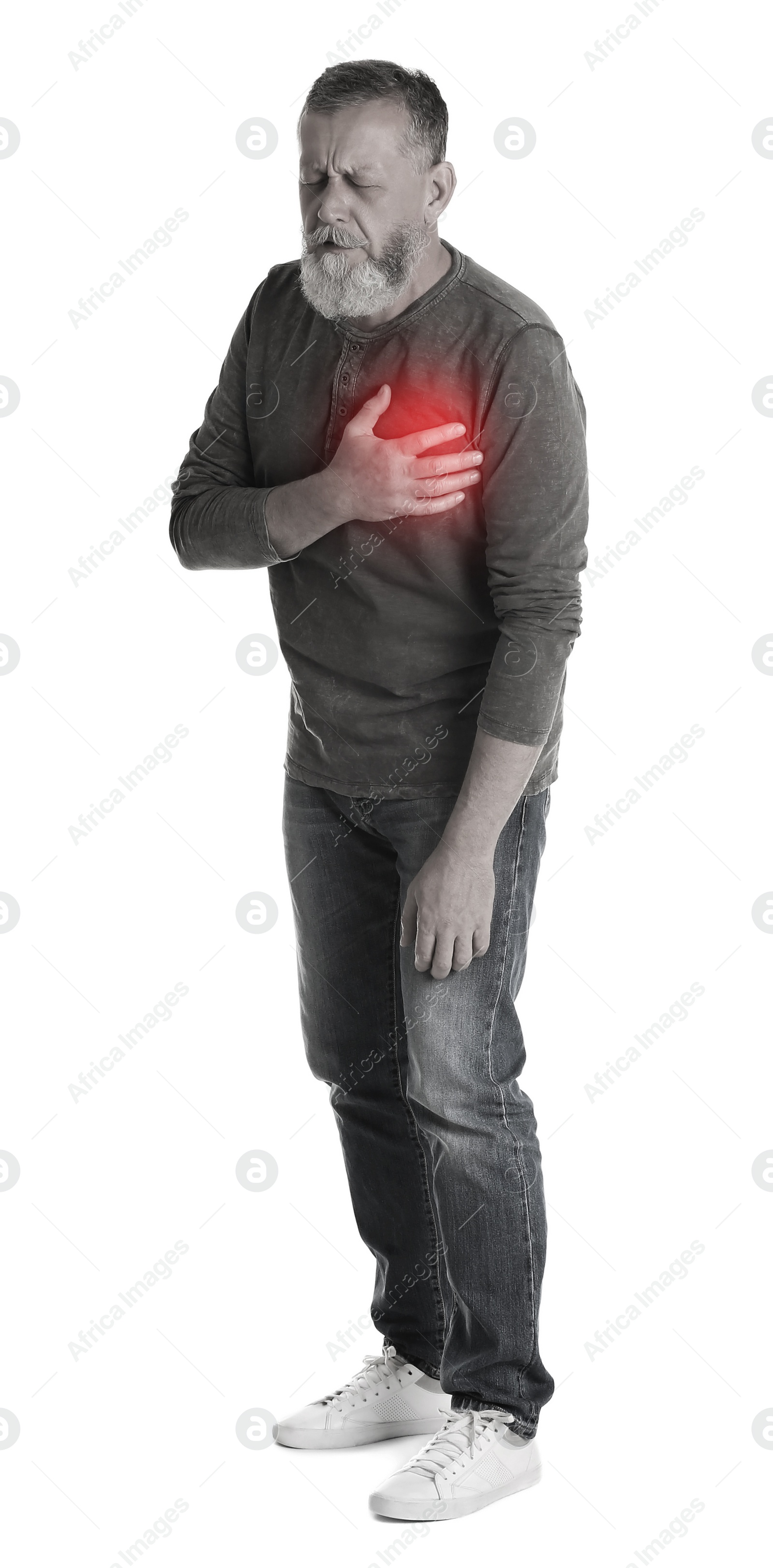 Image of Mature man having heart attack on white background