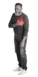 Image of Mature man having heart attack on white background