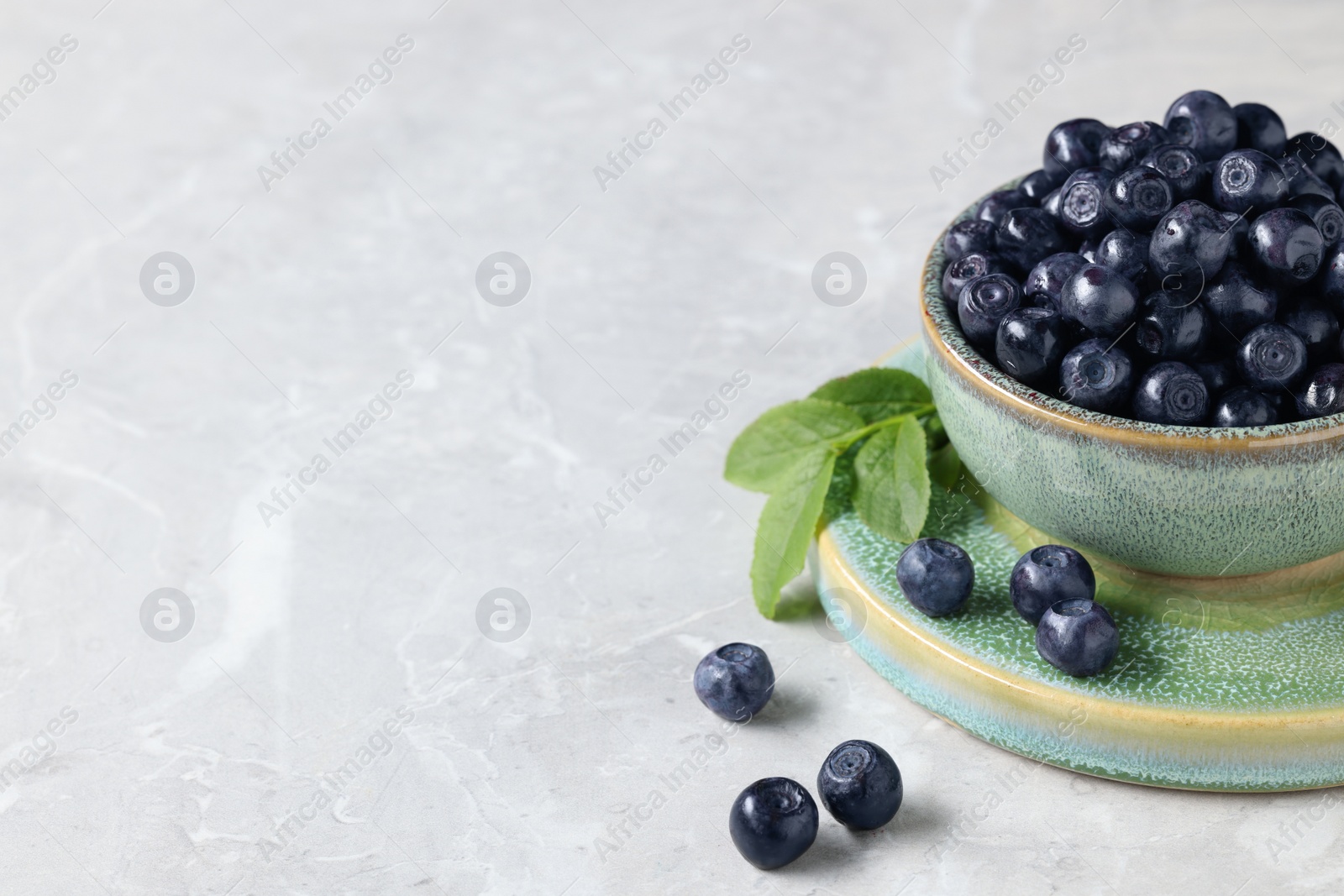 Photo of Tasty fresh bilberries in bowl on light grey marble table, space for text