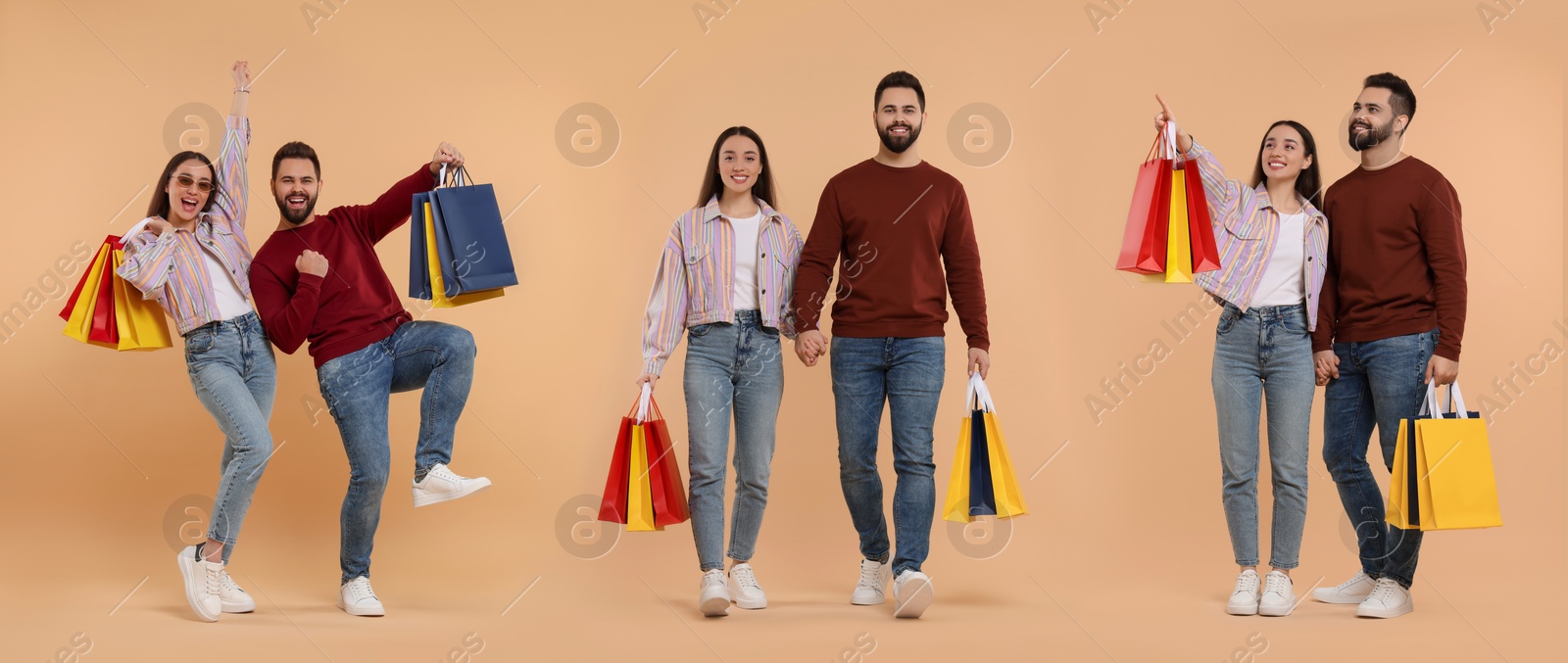 Image of Happy couple with shopping bags on beige background, set with photos