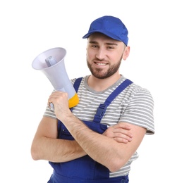 Photo of Male worker with megaphone on white background