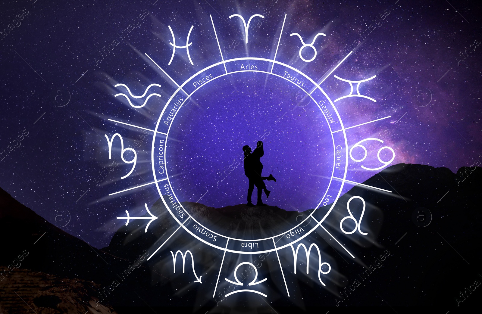 Image of Zodiac wheel and photo of couple in mountains under starry sky at night