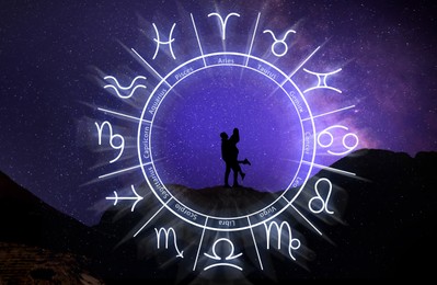 Image of Zodiac wheel and photo of couple in mountains under starry sky at night