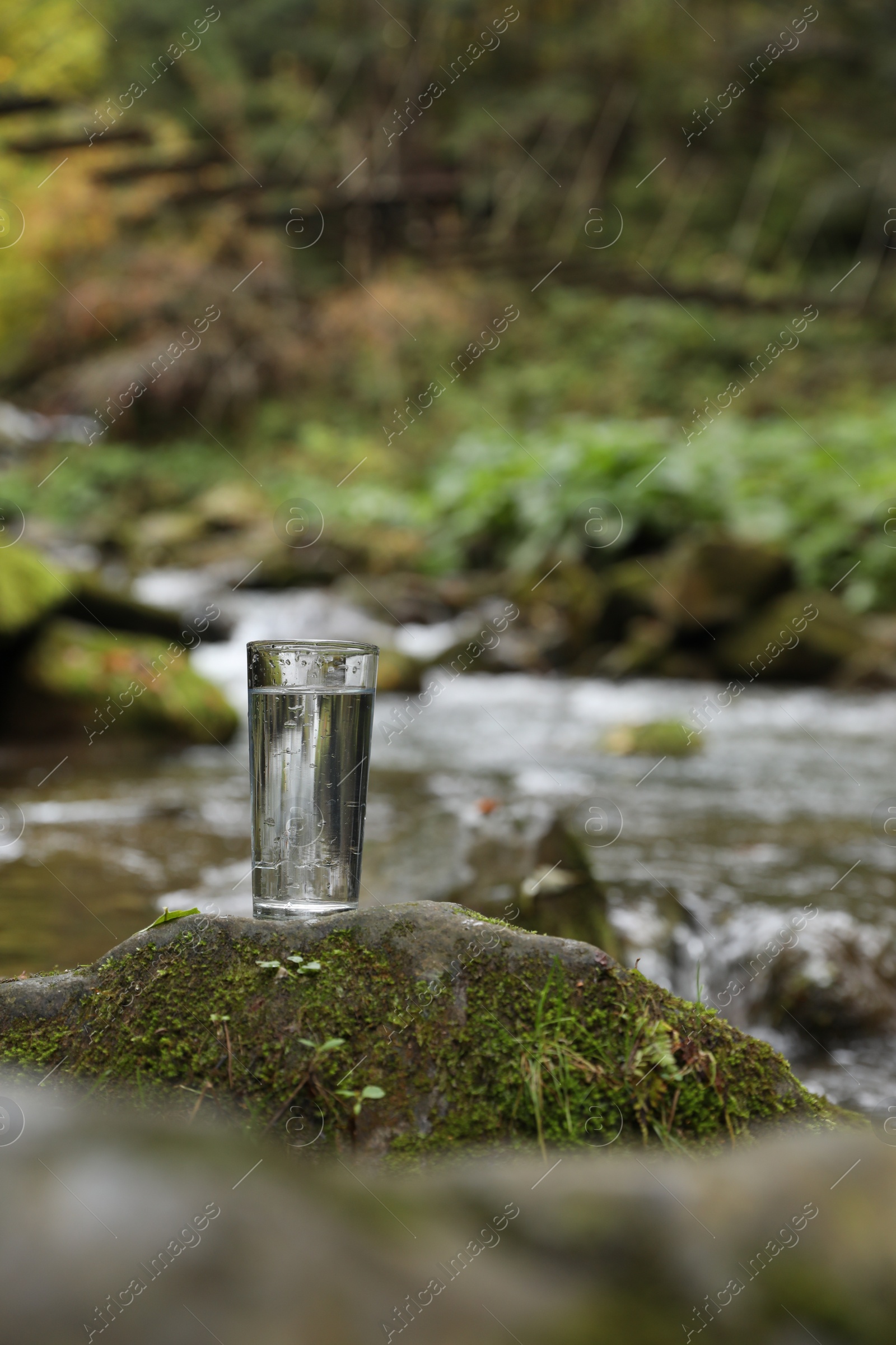 Photo of Glass of fresh water on stone with moss near stream. Space for text