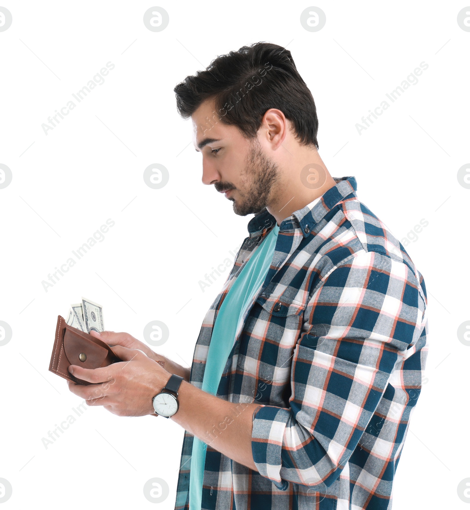 Photo of Handsome young man with wallet on white background