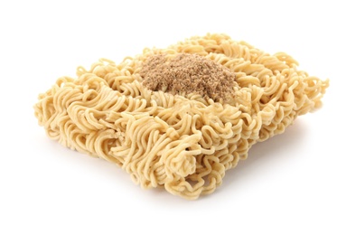 Block of quick cooking noodles with spices isolated on white