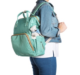 Photo of Woman with maternity backpack for baby accessories on white background, closeup