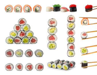 Image of Set with different delicious sushi and rolls on white background