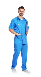 Photo of Full length portrait of medical doctor with clipboard and stethoscope isolated on white