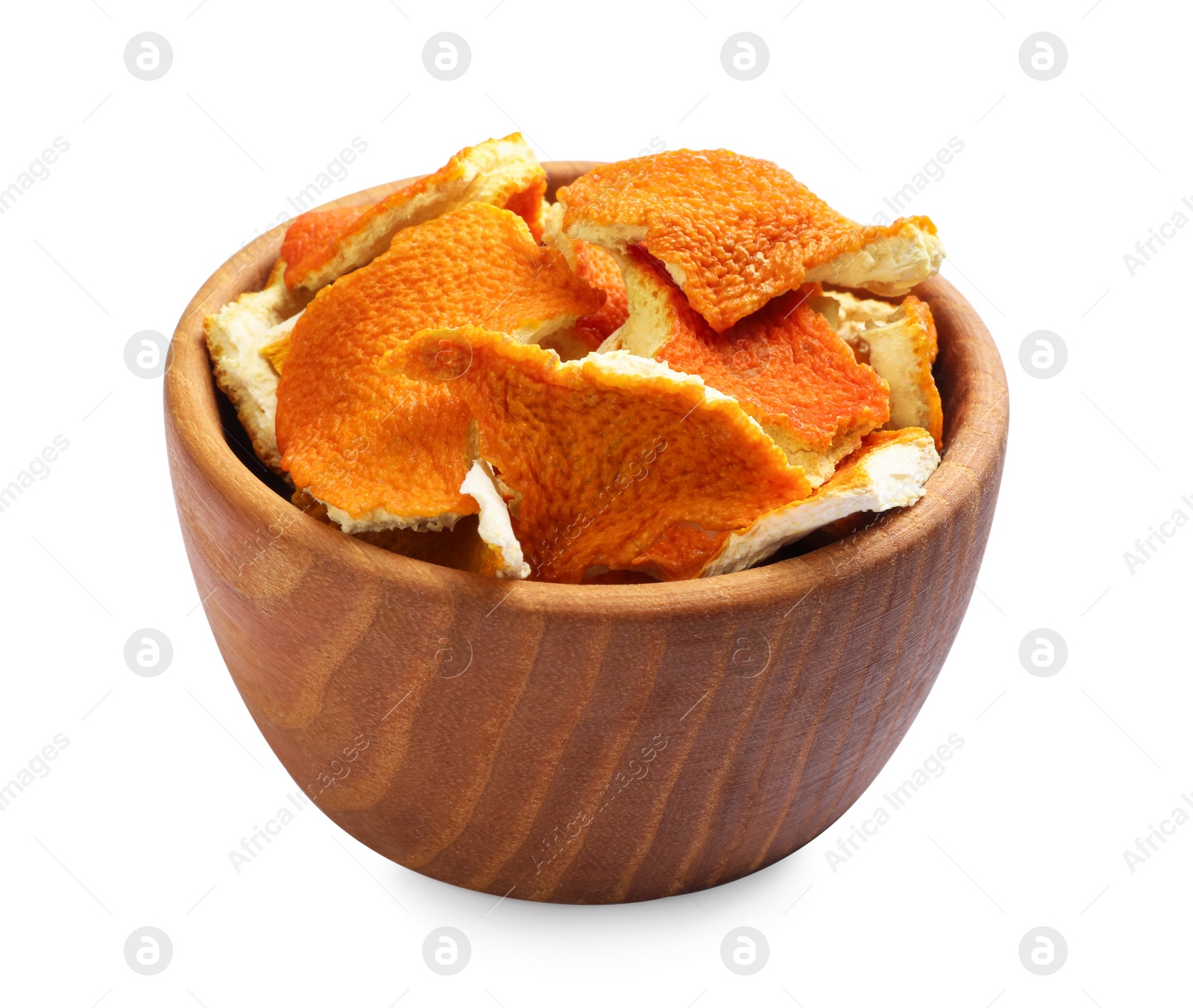 Photo of Dry orange peels in wooden bowl isolated on white
