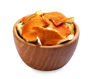 Dry orange peels in wooden bowl isolated on white