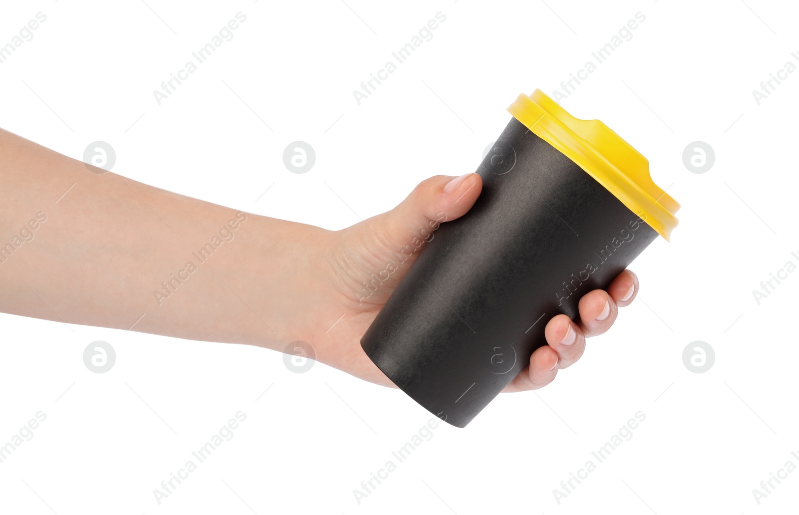 Photo of Woman holding takeaway paper coffee cup on white background, closeup