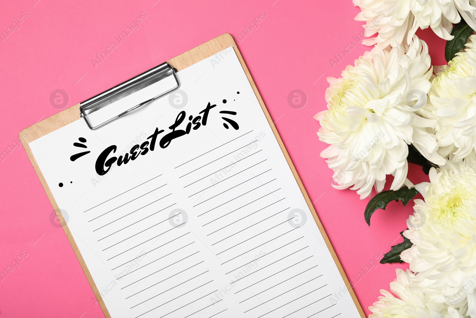 Image of Guest list and beautiful white chrysanthemum flowers on pink background, flat lay