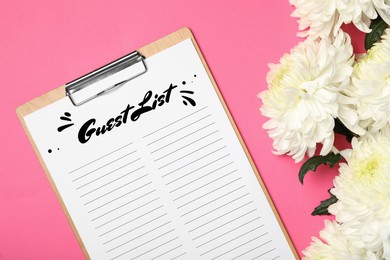 Image of Guest list and beautiful white chrysanthemum flowers on pink background, flat lay