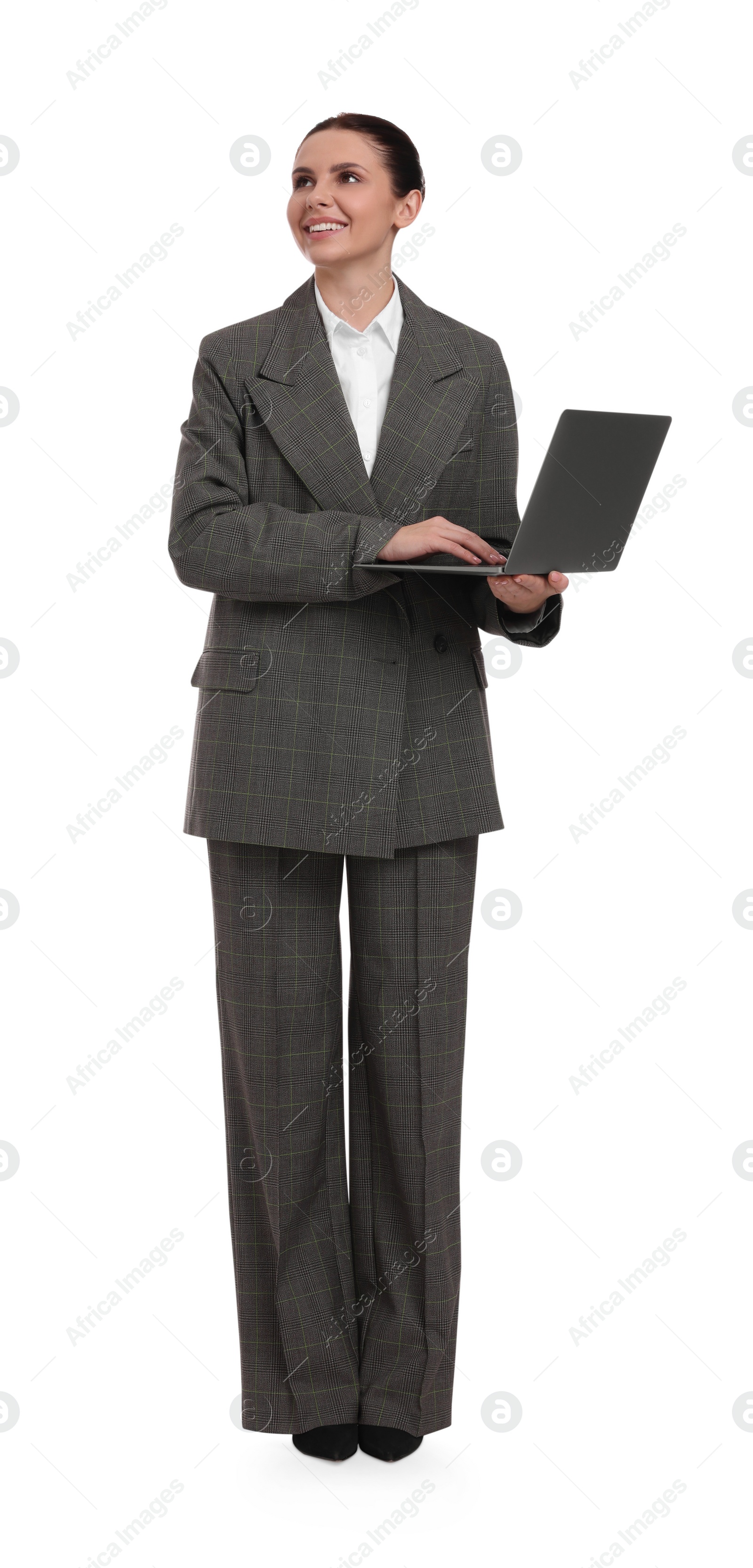 Photo of Beautiful businesswoman using laptop on white background