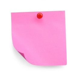 Blank pink note pinned on white background, top view