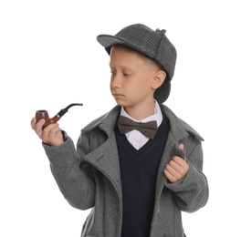 Photo of Cute little detective with smoking pipe on white background