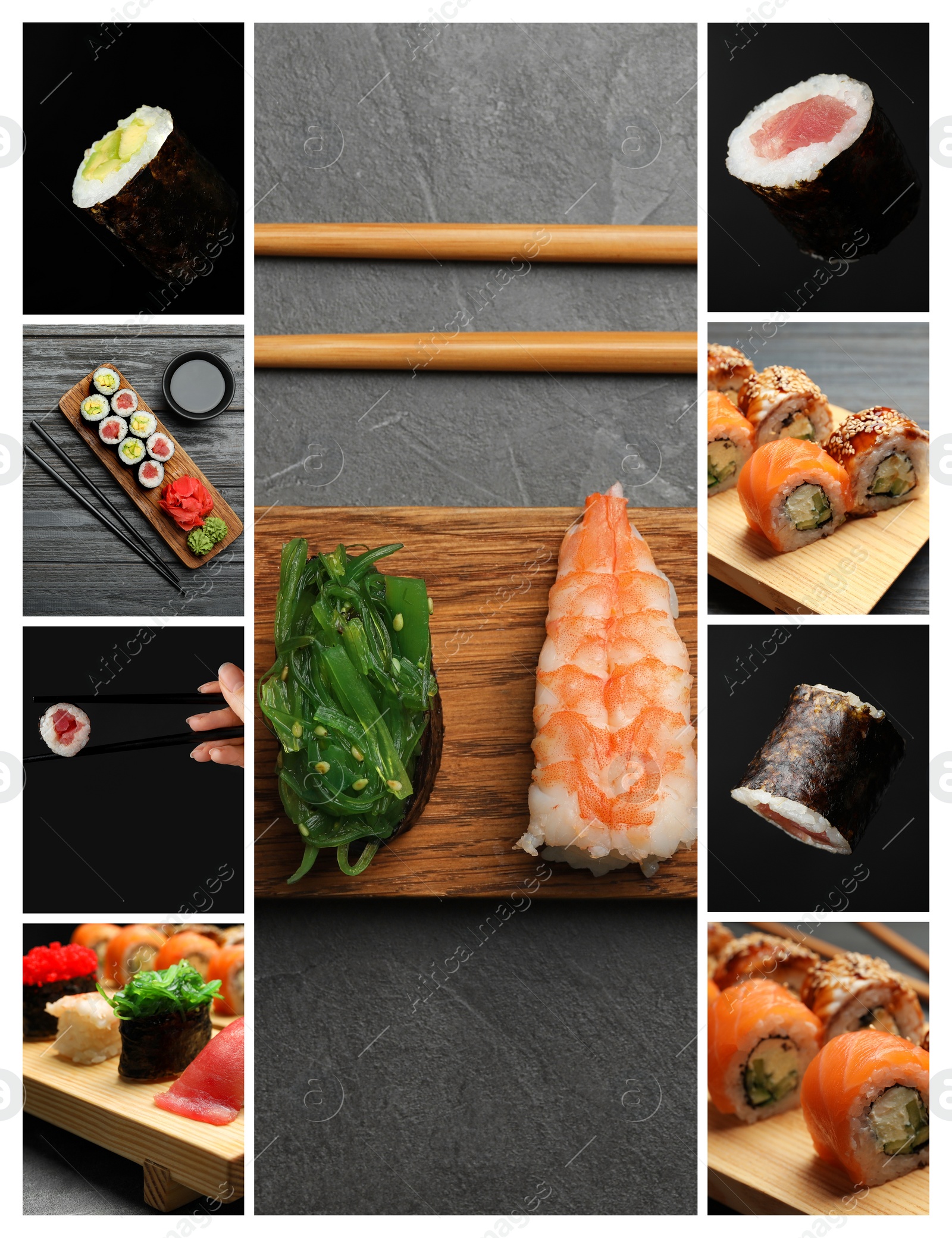 Image of Collage with photos of delicious sushi and rolls