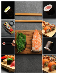 Image of Collage with photos of delicious sushi and rolls