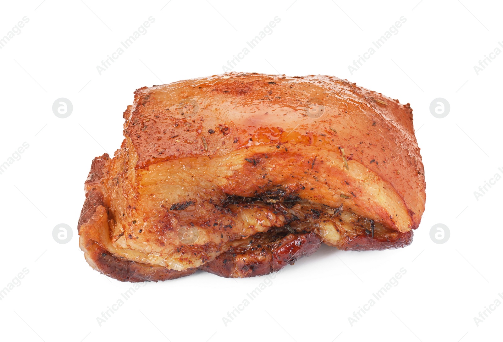 Photo of Piece of tasty baked pork belly isolated on white