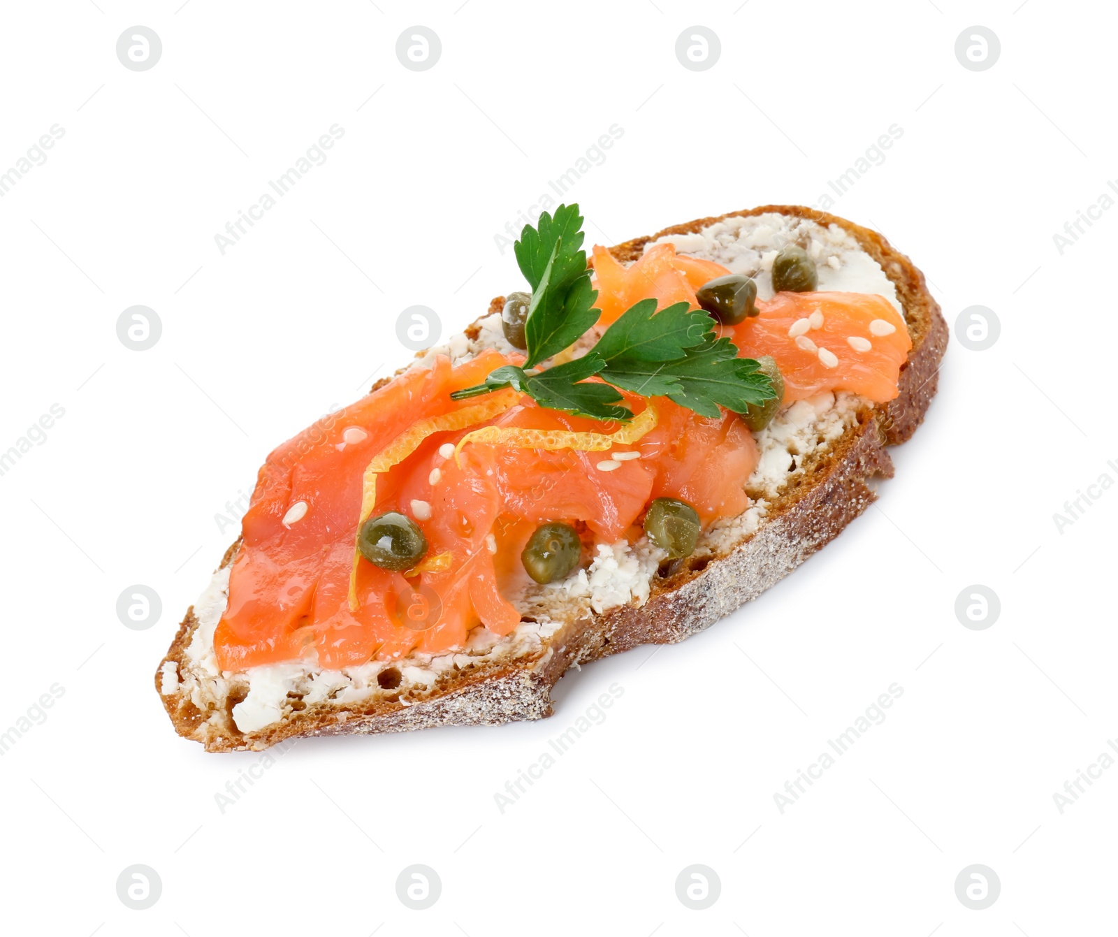 Photo of Tasty canape with salmon, capers and cream cheese isolated on white