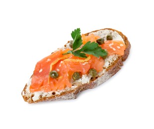 Tasty canape with salmon, capers and cream cheese isolated on white