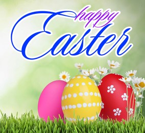 Image of Happy Easter. Bright eggs and spring flowers on green grass outdoors