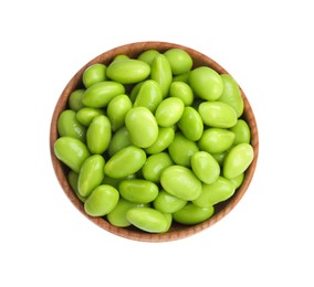 Photo of Bowl with fresh edamame soybeans on white background, top view