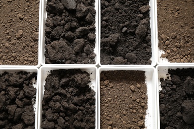 Photo of Containers with soil samples, top view. Laboratory research