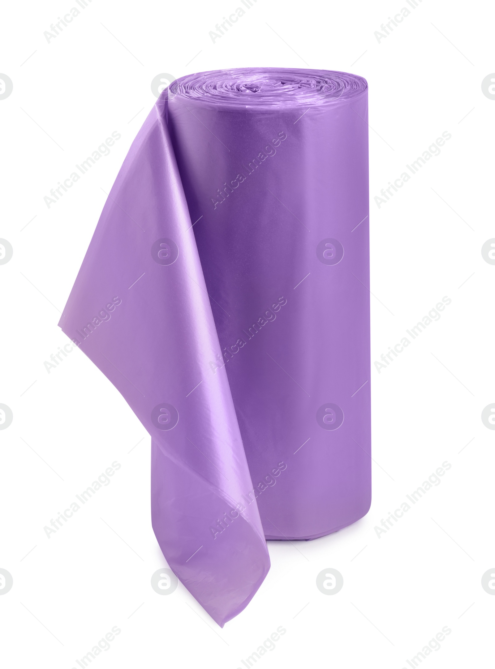 Photo of Roll of violet garbage bags on white background. Cleaning supplies