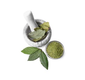 Photo of Mortar and pestle with bay leaves on white background, above view