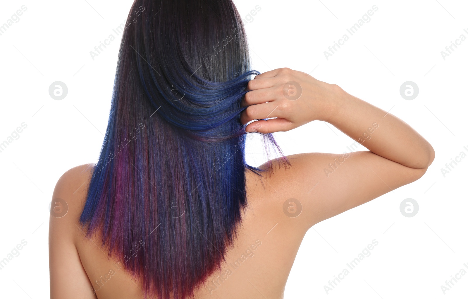 Photo of Young woman with bright dyed hair on white background, back view