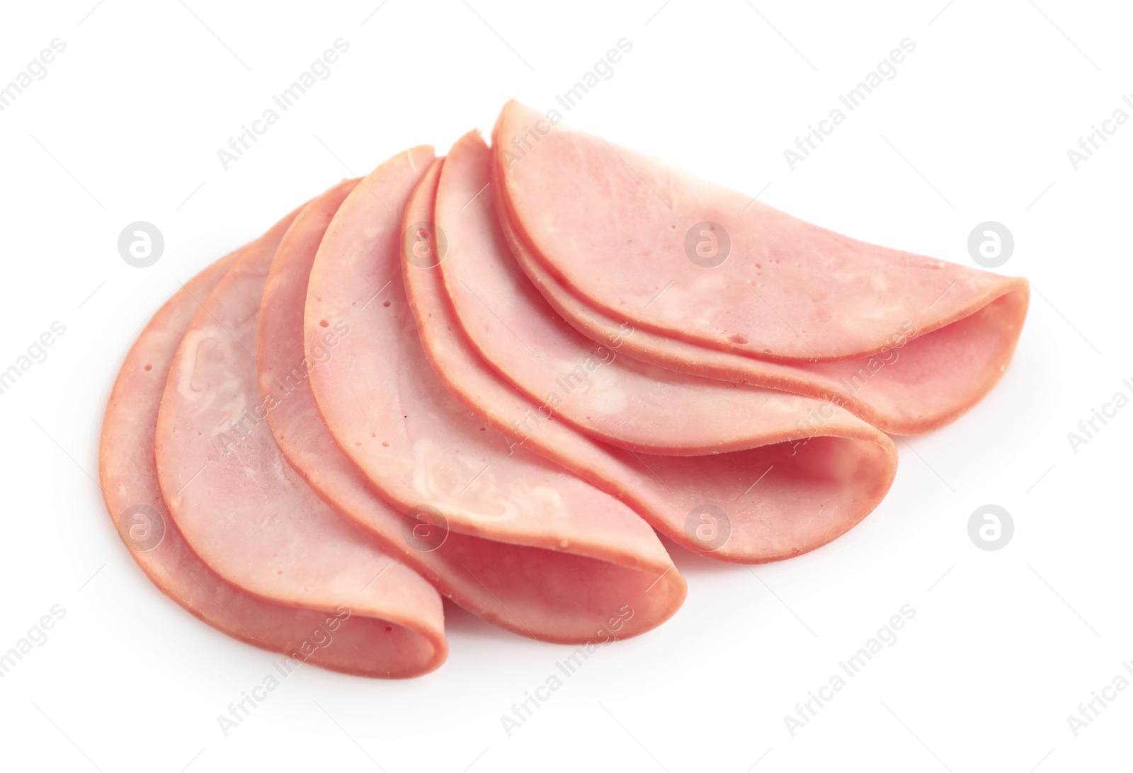 Photo of Slices of tasty fresh ham isolated on white