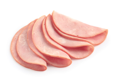 Photo of Slices of tasty fresh ham isolated on white