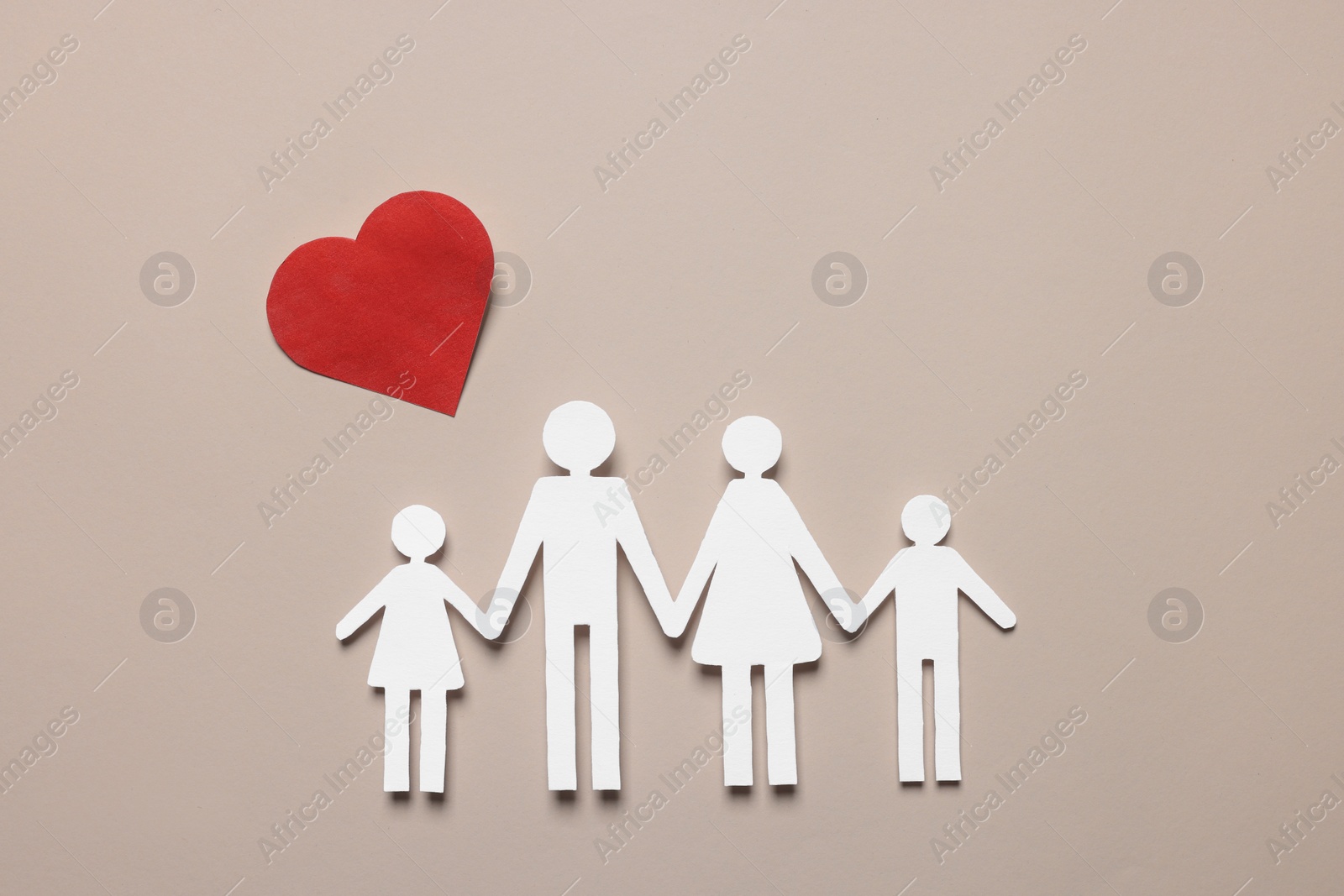 Photo of Paper family figures and red heart on beige background, flat lay. Insurance concept