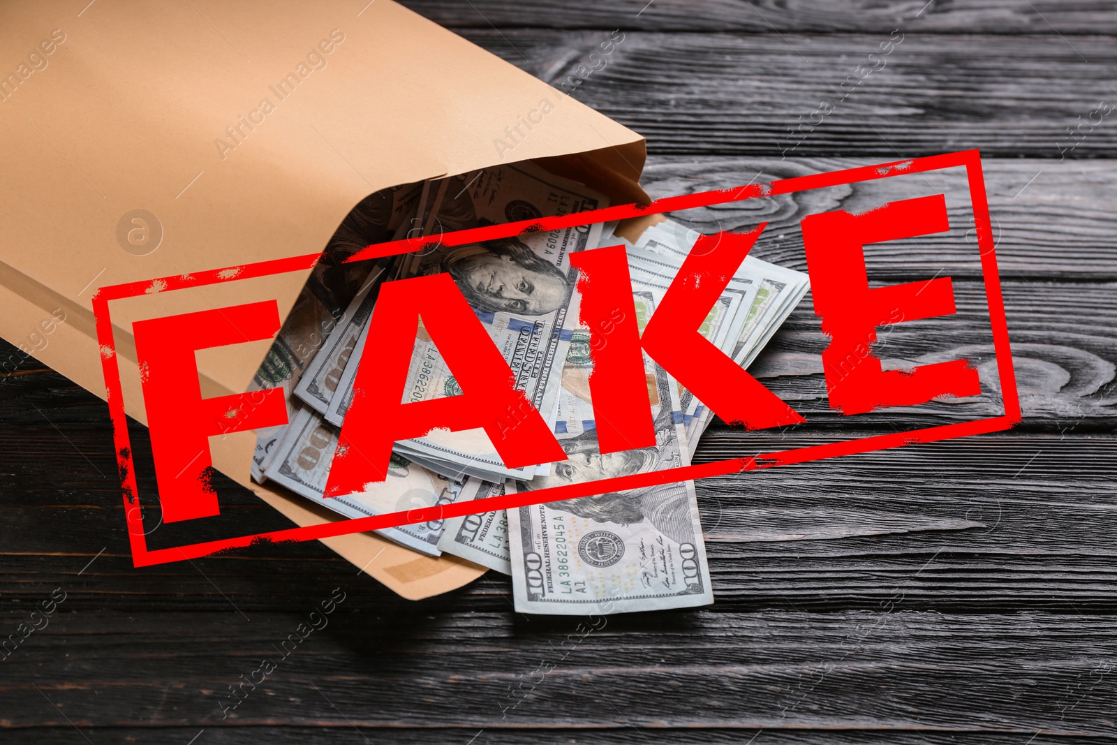 Image of Envelope with fake dollar banknotes on black wooden table, closeup