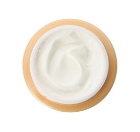 Face cream in jar on white background, top view