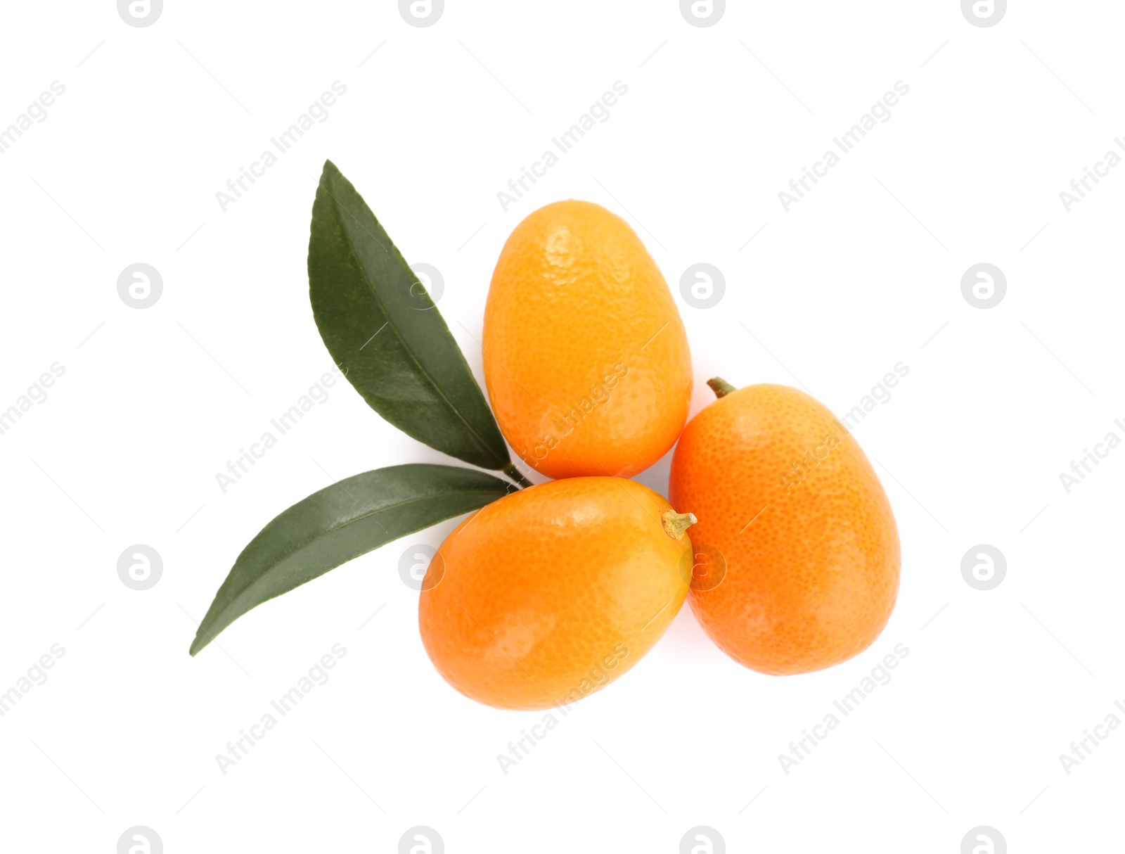 Photo of Fresh ripe kumquats with leaves on white background, top view. Exotic fruit