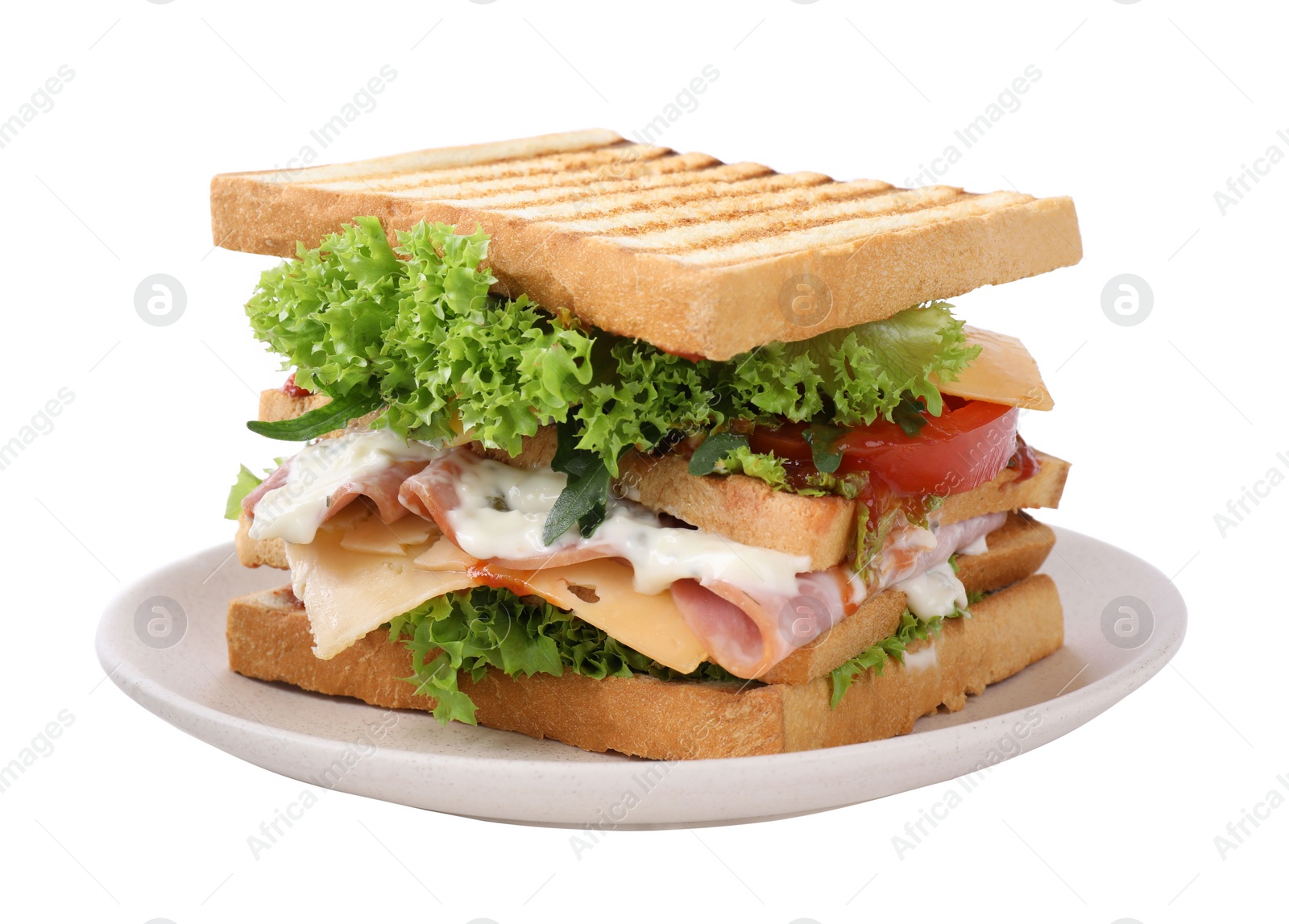 Photo of Yummy sandwich with ham isolated on white