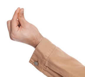 Photo of Man snapping fingers on white background, closeup of hand