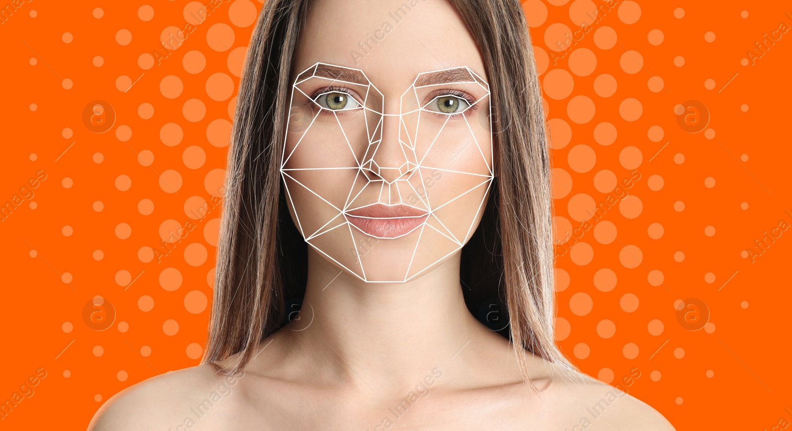 Image of Facial recognition system. Woman with digital biometric grid on orange background