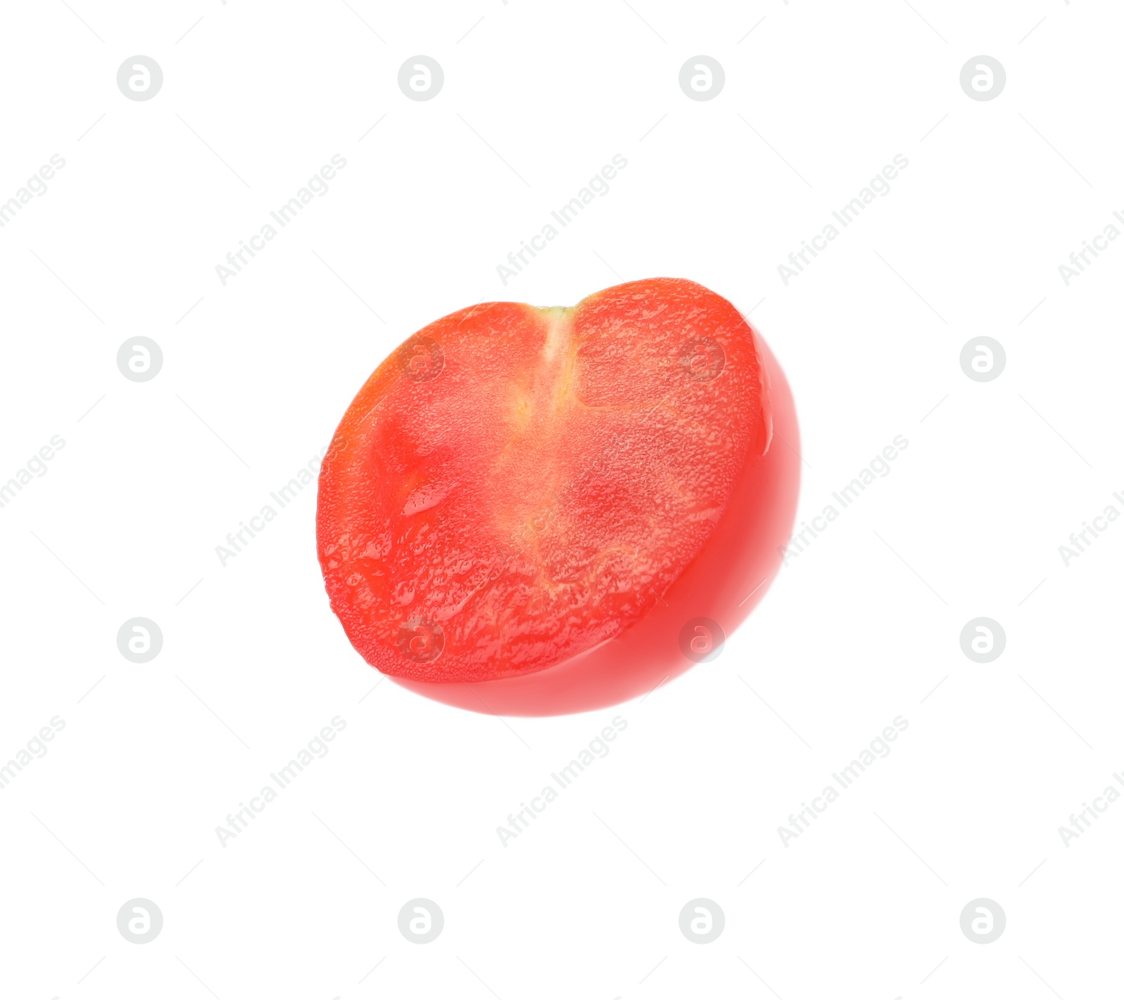 Photo of Half of fresh ripe cherry tomato isolated on white