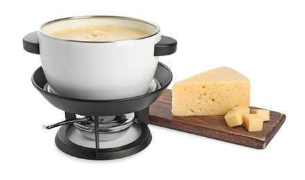 Fondue with tasty melted cheese and pieces isolated on white